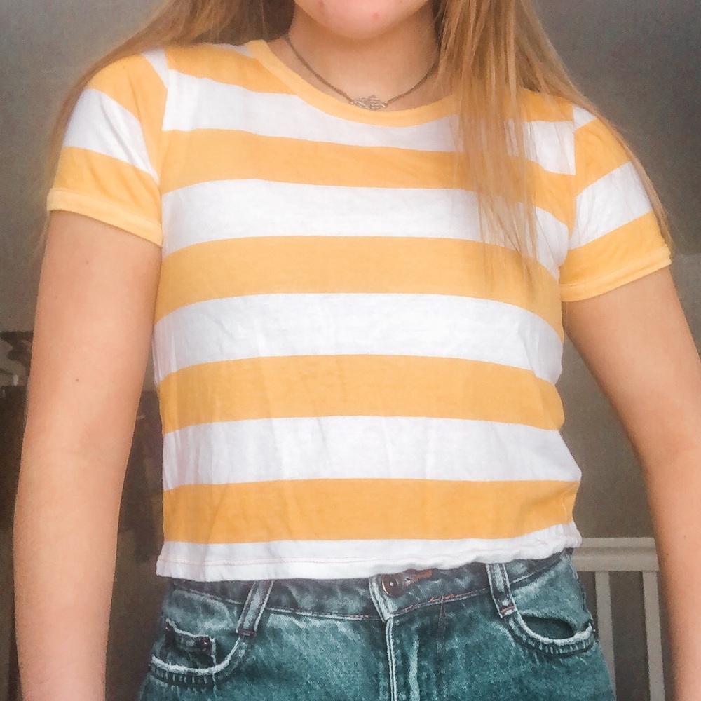 Pacsun basics yellow and white striped crop tee